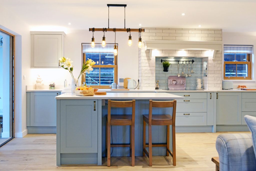 kitchen island seating powder blue with Scots grey