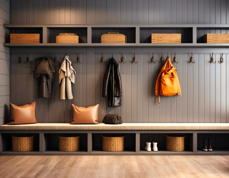 Boot room ideas with storage benches and coat hooks