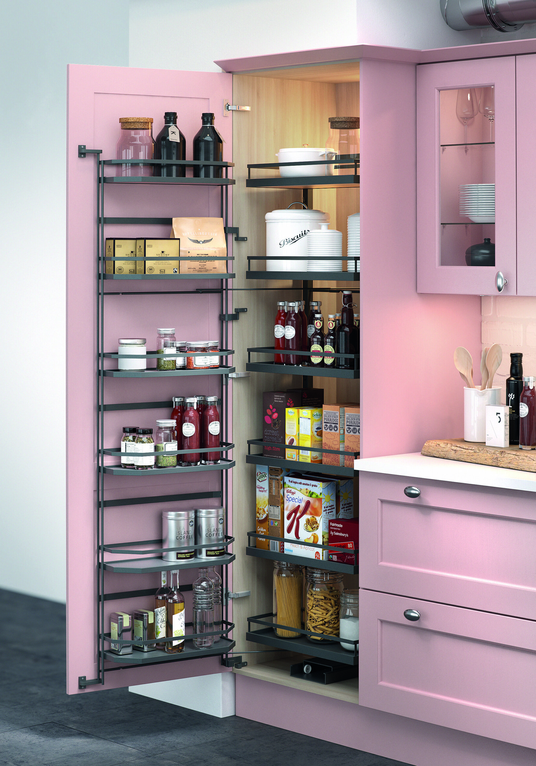 Blush pink kitchen colours, walk in pantry, shaker kitchen