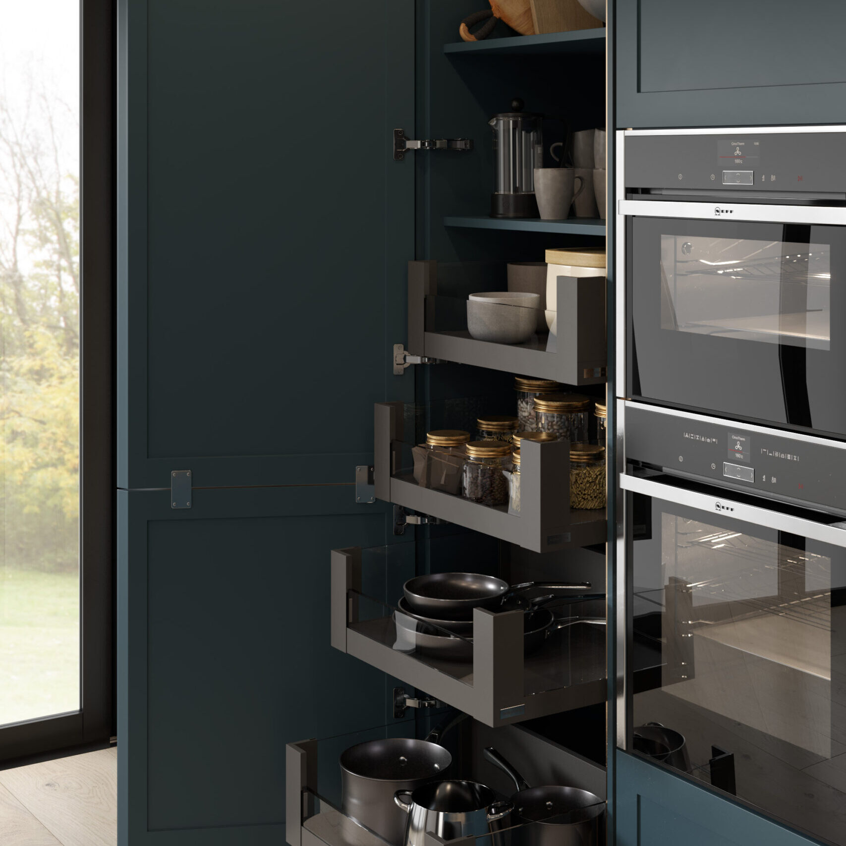 modern kitchen storage pull out drawers in German kitchens range