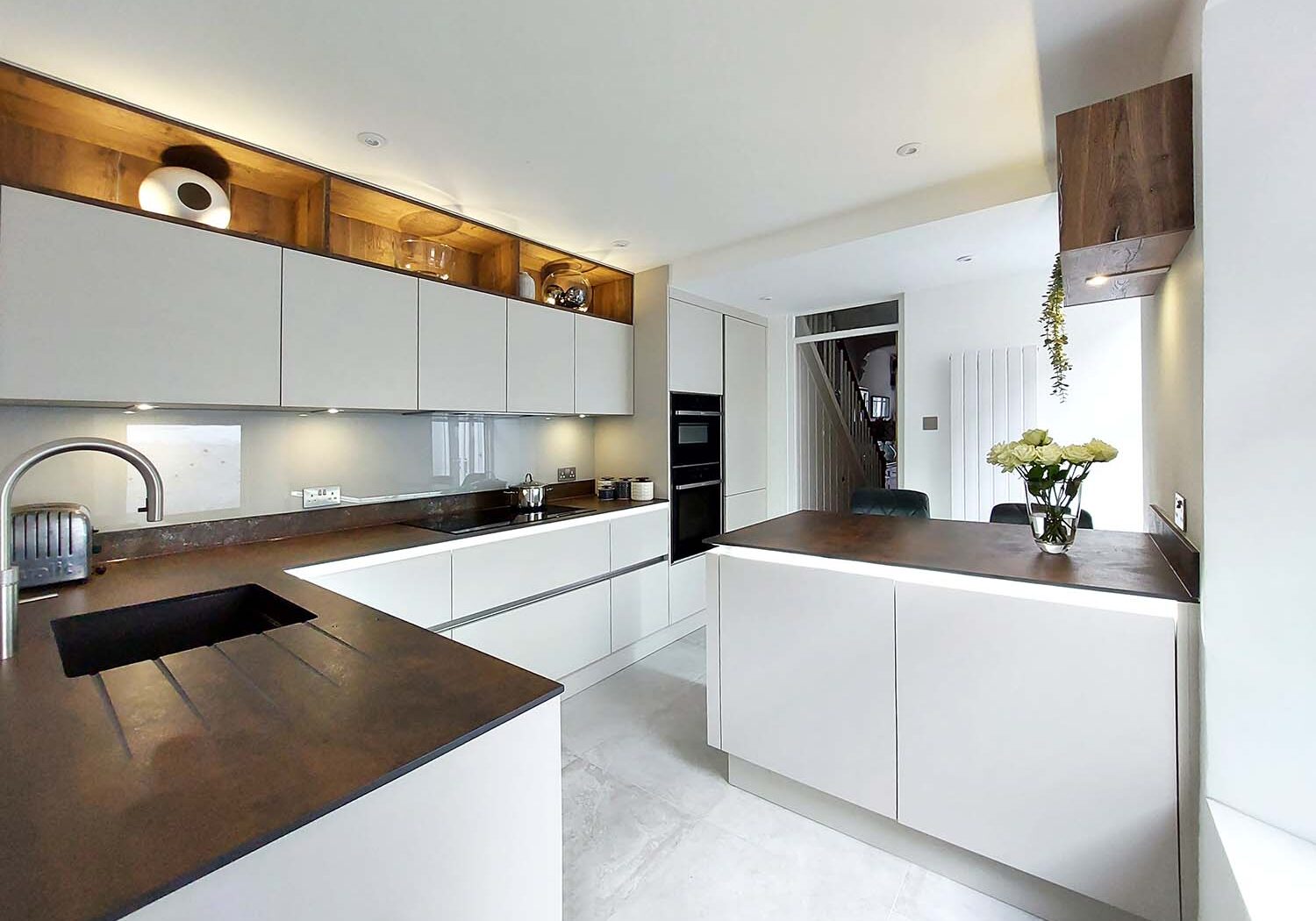 Now Kitchens Falmouth after refurb Sutton heritage grey with florence oak and sintered stone kitchen worktops(4)