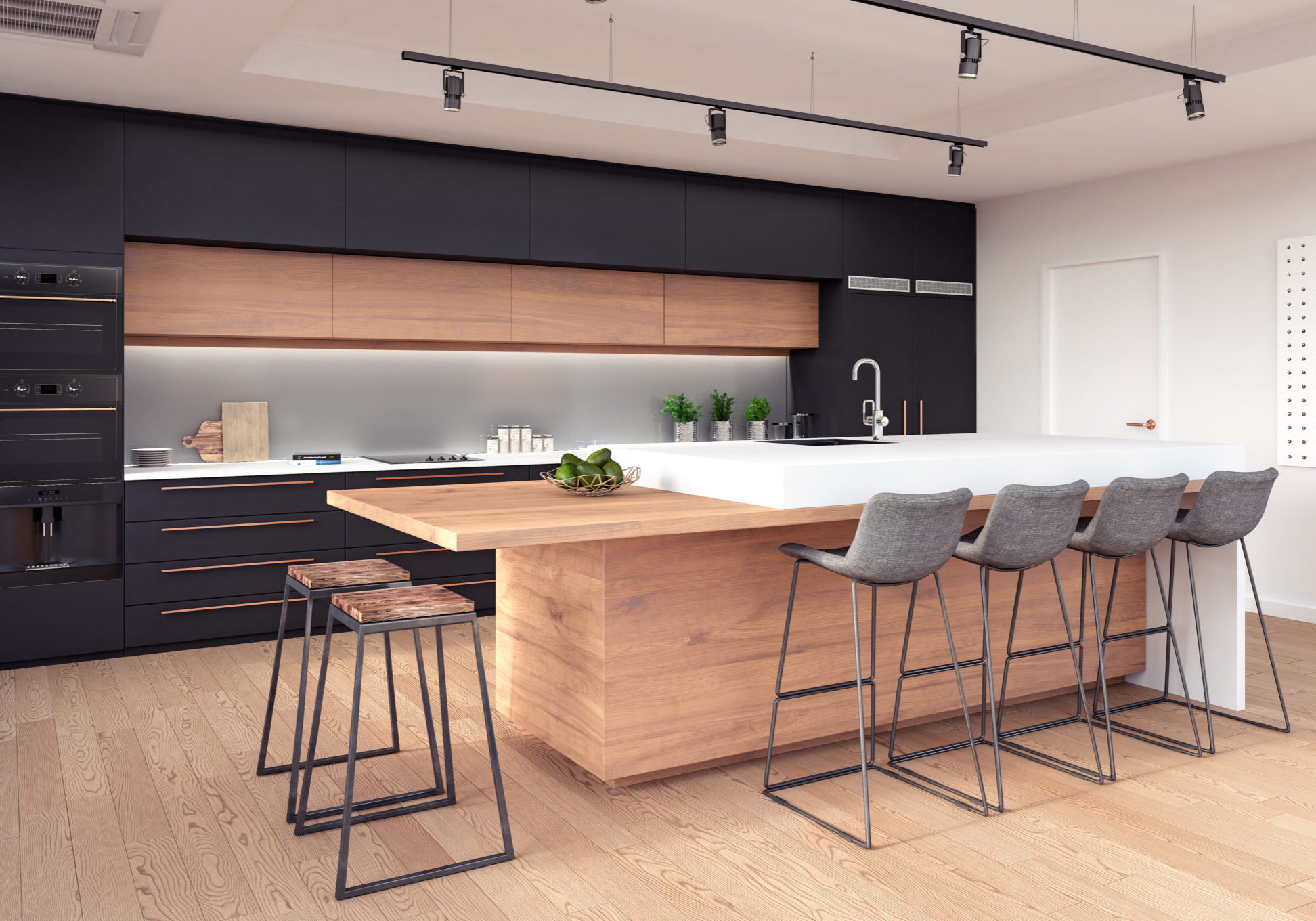 Kitchen colour ideas, Midnight blue, wood effect, rose gold handles