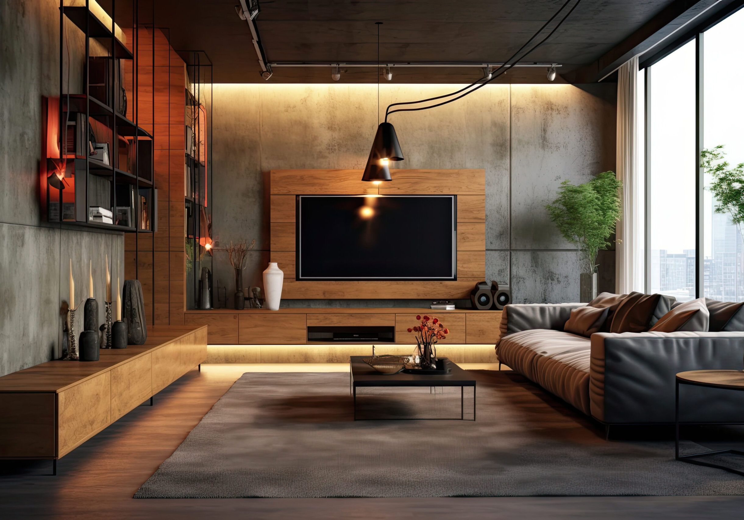 media wall integrated shelving living room