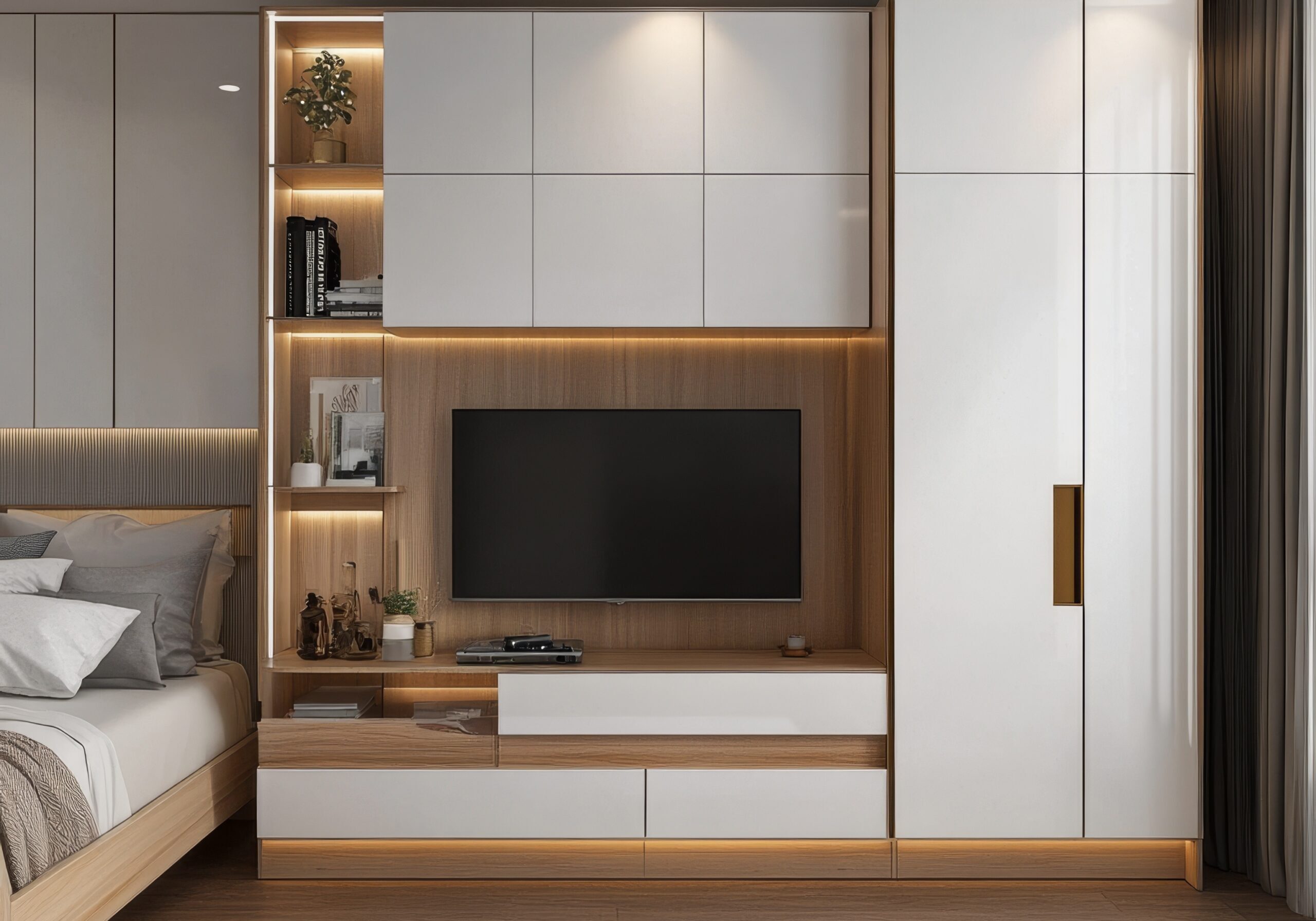 media wall and wardrobe storage solutions for small bedrooms
